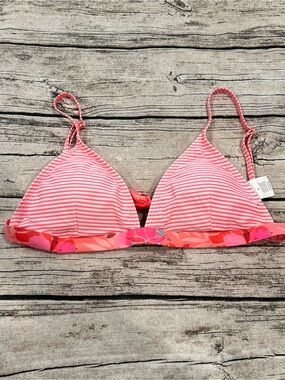 Snapper Rock Mixed Pattern Bikini Top in Pink & White Stripes Floral Trim Size S